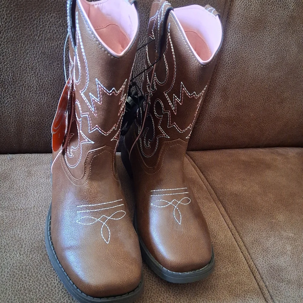 Wonder Nation Classic Brown Western Cowgirl Boots with Pink Trim Girls' Size 3